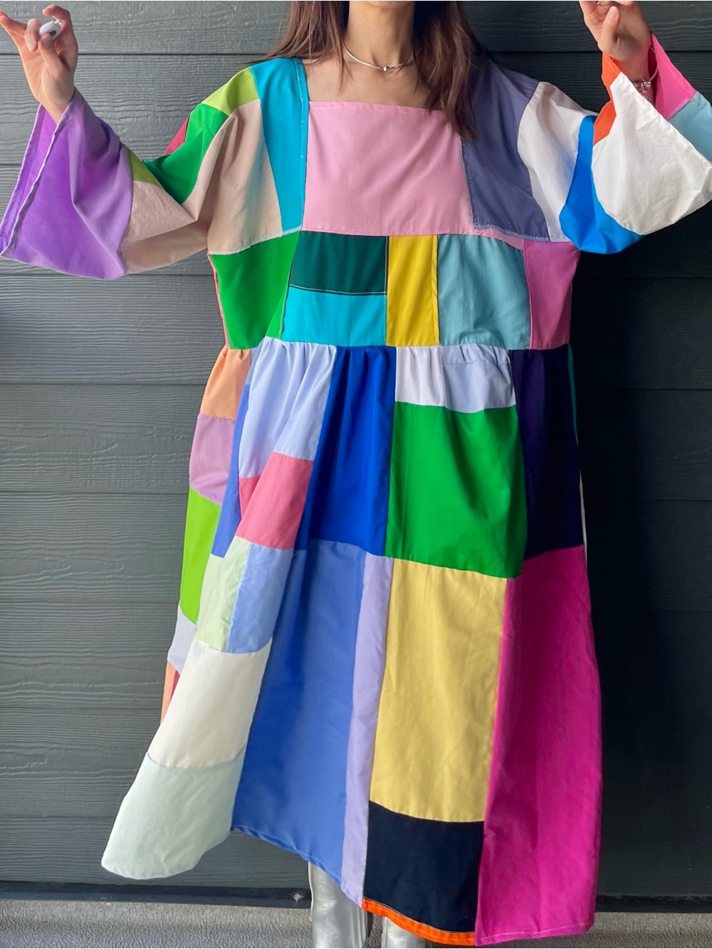 Handmade Quilted Patchwork Colorblock Dress SKU 06151 - Picture 5 of 15